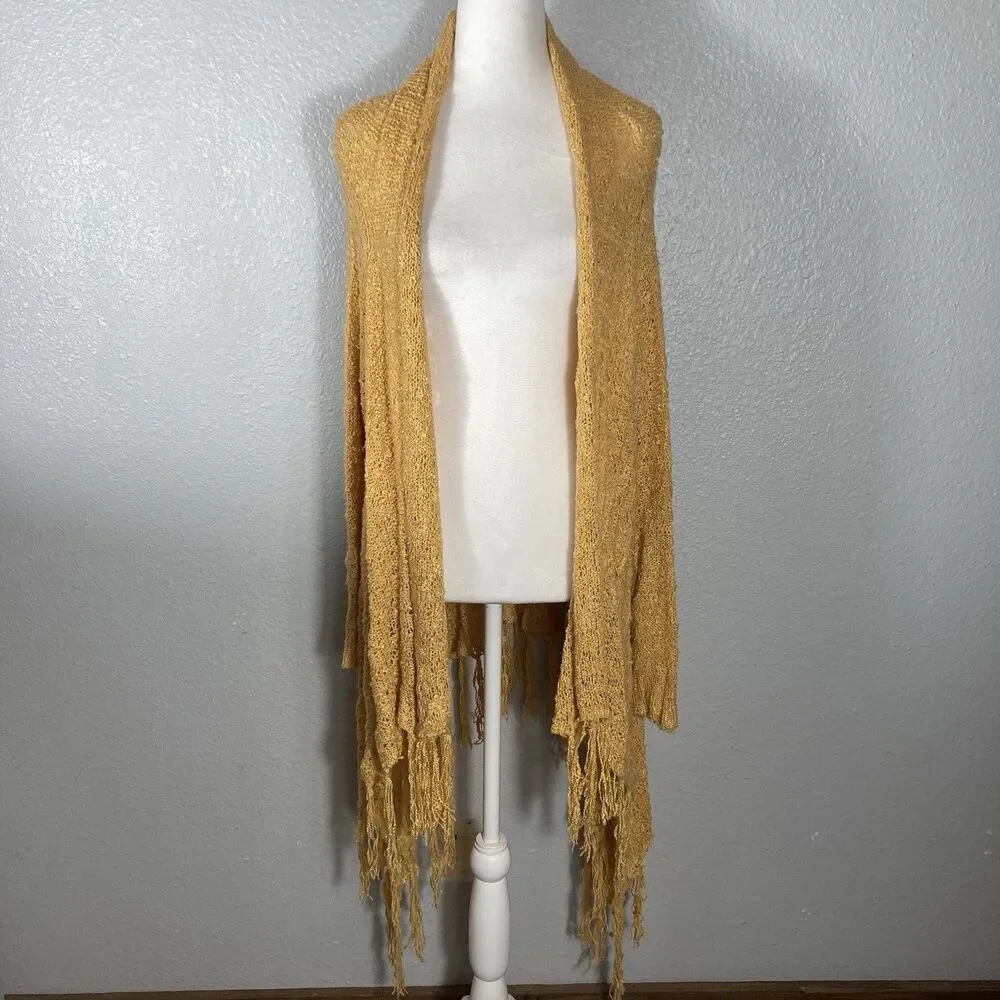Fringe Boho Cardigan Womens M Open Front Gold Loose Knit Western Asymmetrical